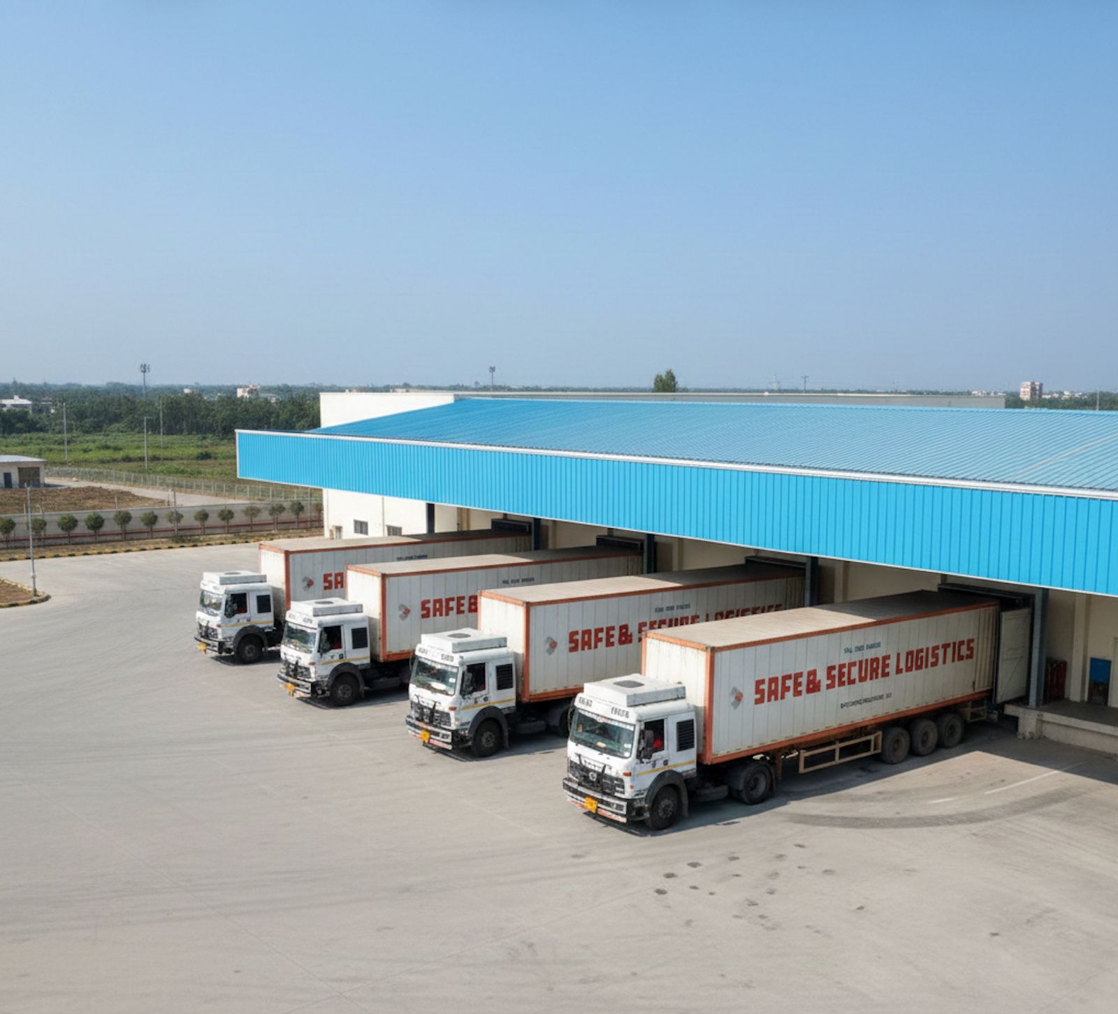 Four Safe & Secure Logistics trucks backed up to the loading bays of a large warehouse